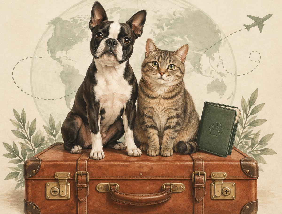 Bently the Boston terrier and Lola the cat sitting on a vintage suitcase with a pet passport